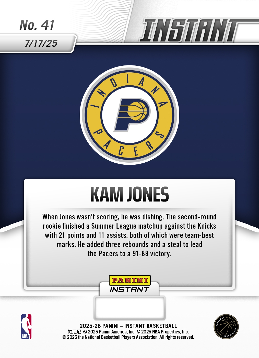 Kam Jones 2025 26 Panini Instant NBA 41 Water 10 Auto