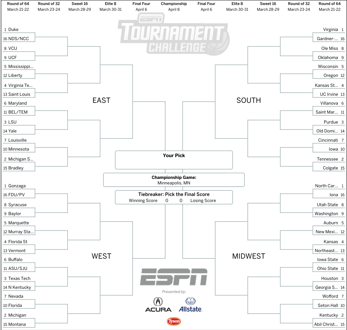 March Madness 2019 Get Your Printable NCAA Bracket From ESPN ABC7 New York