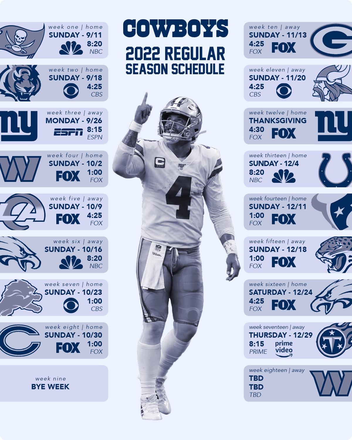 printable 2022 regular season schedule r cowboys