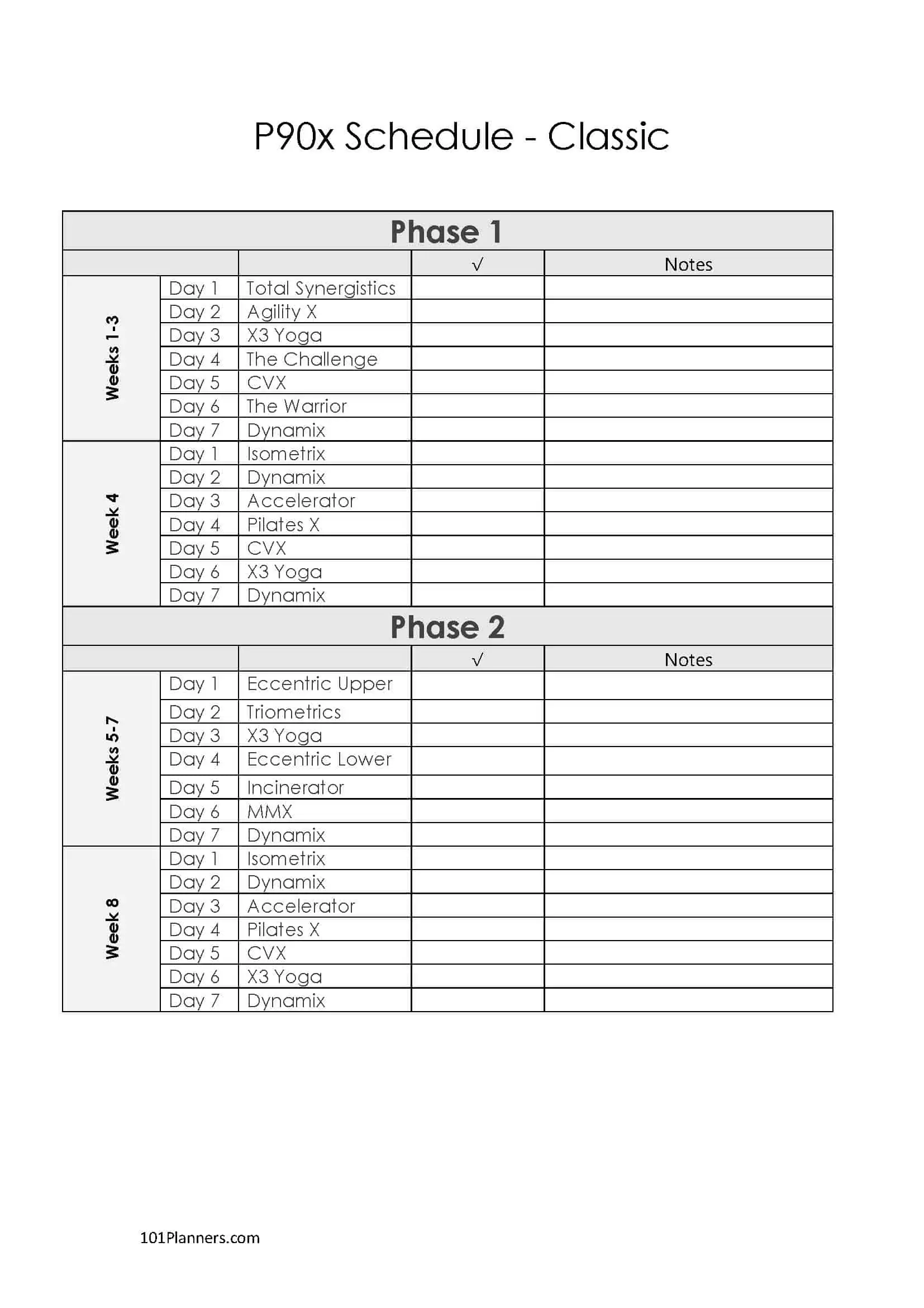 printable p90x schedule for the classic lean and doubles