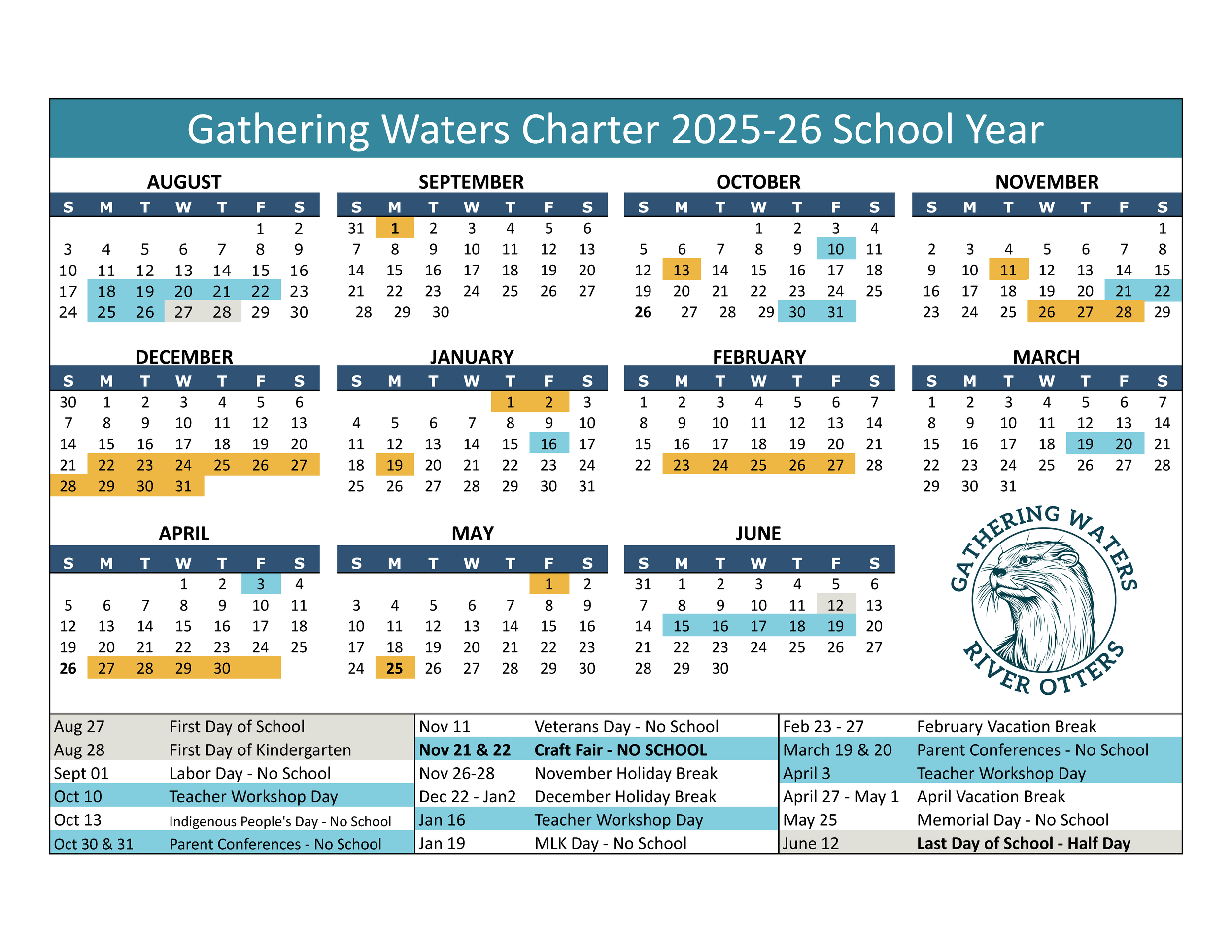 School Calendars Gathering Waters
