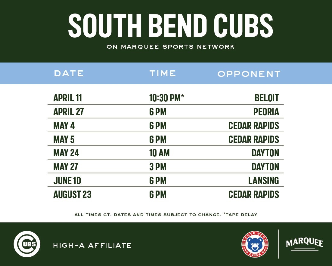 South Bend Cubs Minor League Baseball Schedule